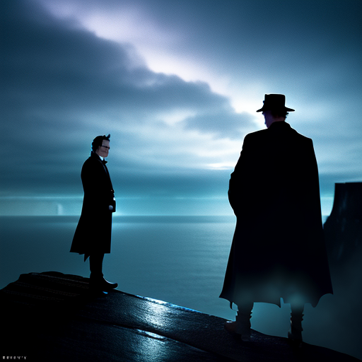 The silhouette of Moriarty standing at the edge of a cliff, the Arkenstone radiating an eerie glow in his hand, with a resolute Holmes and Bilbo confronting him against a tumultuous sky.